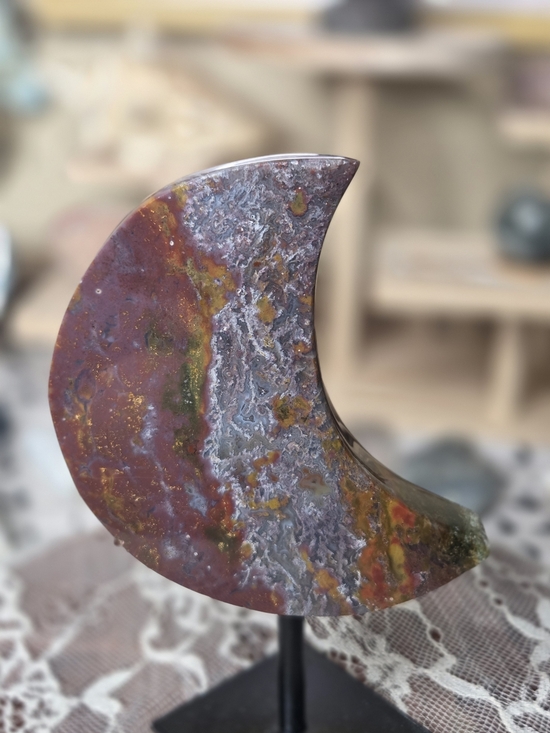 Other - Red Moss Agate Crescent Moon On Black Stand  B
